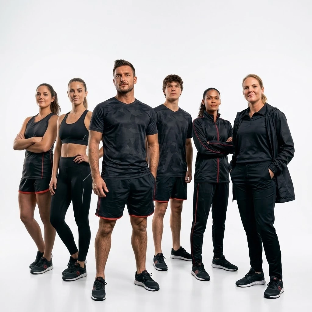 Athletes wearing Fitman Athletics custom leggings, sports bras, shorts, training tops, tracksuits and jackets