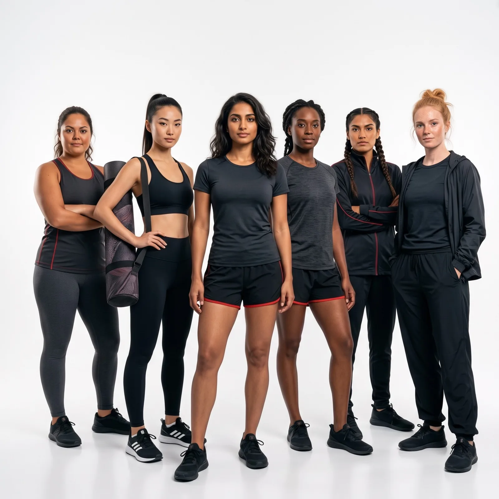 Women wearing custom leggings, sports bras, tank tops, training tees, shorts and jackets